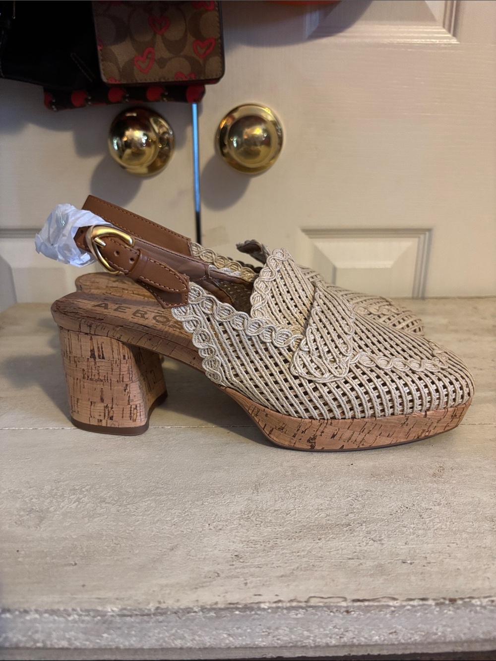 AEROSOLES Beige Woven Slingback Cork Block Heel Mules